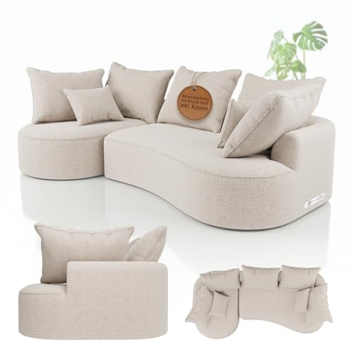 Juskys Sofa Tirano - Bouclé Creme, Ecksofa mit L-Form, mit Rücken- & Dekokissen, 4-Sitzer Eckcouch, Schaumstoff - Ottomane Links