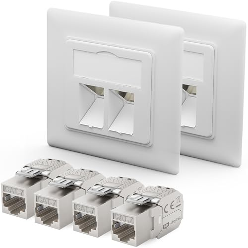 HB-DIGITAL 2 Stück 2-Port Unterputz-Netzwerkdose CAT 7 mit Keystone - Weiß | CAT 7 Keystone-Modul mit RJ45-Buchse | 10 Gbit/s | Geschirmt | Werkzeuglose Montage | Für Installationskabel
