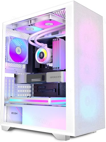 PCZZOI PC CASE ATX 6 Case Fans Pre-Installed, Mid Tower Computer Case with Tempered Glass, Support 360mm Radiator,Black Gaming Desktop Case (H05) White