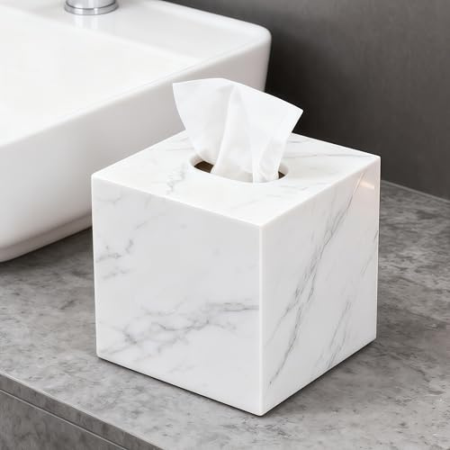 Taschentuchbox, 14,5 x 14,5 x 14,5 cm Tissue Box aus Natürlicher Marmor Quadratische Papier Organisator mit offenem Acryl-Grundplatte und Silikonmatte für Heimdekoration Kommoden Küchenarbeitsplatte