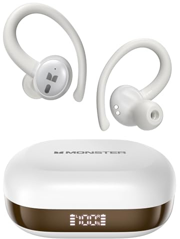 Monster N-Lite 216 Wireless Earbuds, Sports Earbuds with Earhooks, Noise Cancelling Headphones, Stereo Deep Bass Over Ear Buds 48H Playtime, IPX6 Waterproof Earphones for Running/Workout（White）