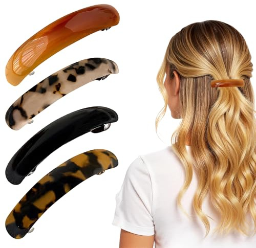 VEOIRXU 4 Pièces Pinces À Cheveux Ovales En Acétate Style Vintage Grandes Pinces À Cheveux Françaises En Écaille De Tortue Conception À 3 Couches Pour Cheveux Fins Et Épais Pour Femmes (4 Couleurs)