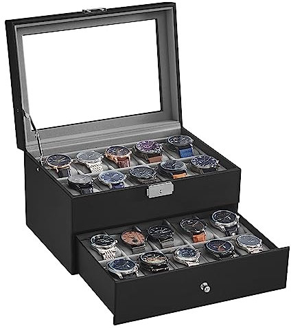 SONGMICS Uhrenbox, Uhrenkasten mit Glasdeckel, 2 Ebenen, Uhrenkoffer mit herausnehmbaren Uhrenkissen, Uhrenschatulle, Geschenkidee, PU-Bezug in Schwarz, Samtfutter in Grau JWB020
