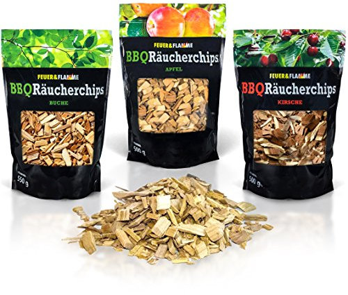 BBQ Räucherchips Mix für tolles Raucharoma beim Grillen - 100% natürliches Smoker Holz | Ergiebige und sparsame Wood Smoke Chips (Apfel, Buche & Kirsche) für Stand- und Kugel-Grill sowie Smoker | 3 x 500g
