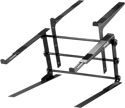 Pyle Portable Dual Laptop Stand, Universal Standing Table with Adjustable Height, Ergonomic Design & Anti-Slip Prongs for DJ Mixer/Sound Equipment/Workstation/ Gaming & Home Use, Black