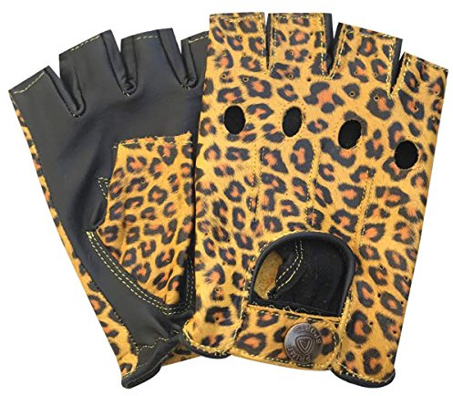 Fingerless Half-Finger Premium Driving/Cycling/Motorcycle Gloves in Real Leather 309, leopard-yellow