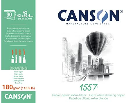 CANSON 1557® Zeichenpapier kopfgeleimt, DIN A2 - 42 x 59,4 cm, 30 Blatt, 180 g/m², leicht gekörnt