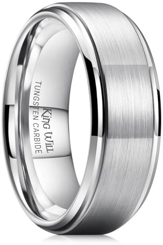 King Will Basic Men's Tungsten Carbide Ring 8mm Polished Beveled Edge Matte Brushed Finish Center Wedding Band 9.5