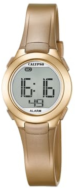 Calypso Montre Femme Digitale - Caoutchouc Doré - Étanche 10 ATM - Date Calendrier Chronographe Double Horaire Lumière Alarme 12/24h - K5677/3