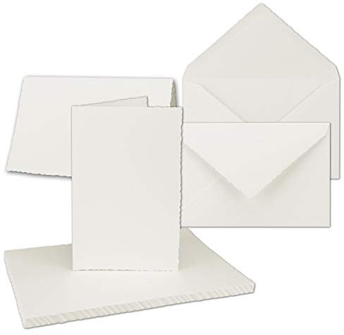 25x Vintage Faltkarten-Set mit Zackenschnitt - Natur-Weiß - Edel-Bütten Doppel-Karten mit Brief-Umschläge - DIN B6-11,0 x 17,3 cm - imitierter Büttenrand gestanzt - by GUSTAV NEUSER