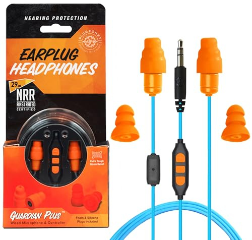Plugfones Guardian Plus In-Ear Earbuds Hybrid Noise Reducing In-Ear Headphones with Noise Isolating Microphone and Controls (Orange and Blue)