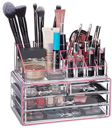 Relaxdays Make Up Organizer Acryl, 2-teilige Schminkaufbewahrung mit Lippenstifthalter & 4 Schubladen, transparent/pink