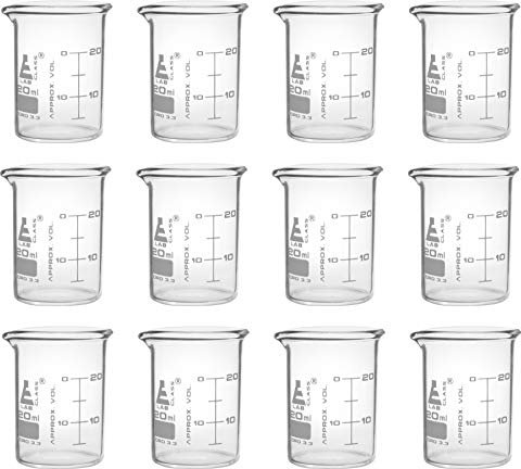Eisco 12-Pack Boro 3.3 Glass Dual Scale Graduated Beaker - 20ml | Low Form with Spout | White Graduations Every 5ml | Meets ASTM-E960 Standards | Measuring Scientific Lab Glassware
