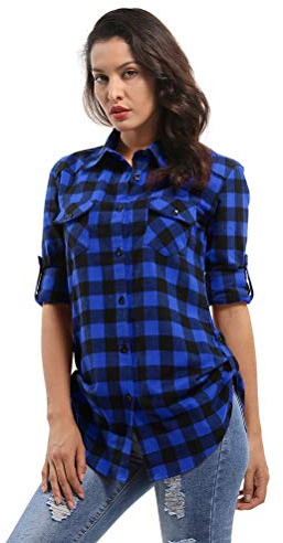 Phorecys Chemise à carreaux en flanelle à manches roulées pour femme avec boutons, tailles 34-50 - - XX-Large