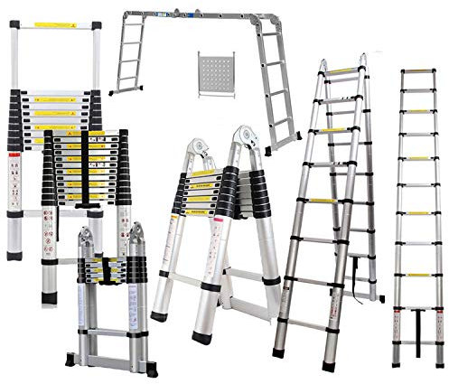 5M Teleskopleiter Klappleiter Schiebeleitern & A Rahmen Mehrzweckleiter mit rutschfest Stützstange Teleskop Design Leiter Ausziehbar bis 150 Kg Belastbar (5M / 2,5M+2,5M)