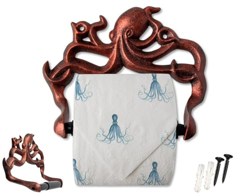 Porte-Rouleau de Papier Toilette décoratif en Fonte - Octopus Mural pour Salle de Bain - Kraken - Accessoire de Salle de Bain Nautique - Facile à Installer avec vis et Chevilles incluses - Cuivre et