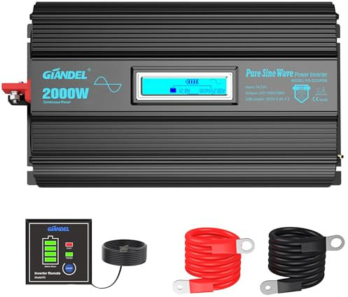 GIANDEL Convertisseur 12V 220V Pur Sinus 2000W Onduleur Onde sinusoïdale Pure Transformateur avec Écran LCD 2x2.4A USB Télécommande pour la Maison, RV, Camion, Hors réseau Solaire