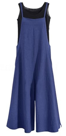 YESNO Women Wide Leg Dungarees Summer Cotton Baggy Jumpsuits with Pockets