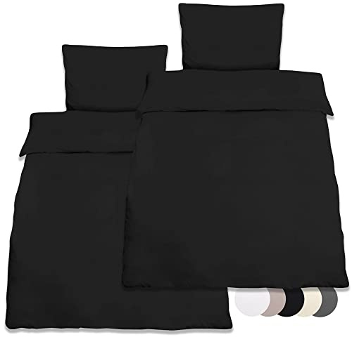 Beautissu 2er Set Renforcé Bettwäsche Set 4teilig Kühlende aus Baumwolle | 135x200cm Kissenbezug 80x80cm Schwarz 2x Bettbezug 2x Kopfkissenbezug Sommerbettwäsche 4teilige Renforce 135x200 Julie