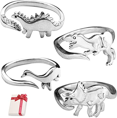 Ouceanwin 4er Set Offene Dinosaurier Ringe, Verstellbar, Silber, Gothic, Punk, Vintage Schmuck für Frauen & Männer