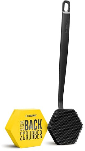 TOOLETRIES Silicone Back Scrubber for Shower – Exfoliating Back Brush for Men with Long Handle, Non Slip Grip – Body Washer to Clean Hard to Reach Areas, Durable Bath Accessory - Charcoal