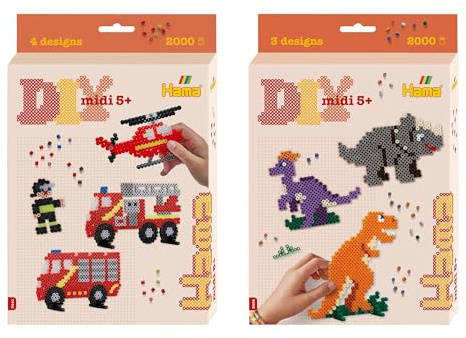Hama Perlen 3434 Geschenk-Set Dino mit ca. 2.000 bunten Midi Bügelperlen mit Durchmesser 5 mm, Stiftplatte, inkl. Bügelpapier & 3441 Geschenk-Set Feuerwehr mit ca. 2.000 bunten Midi Bügelperlen