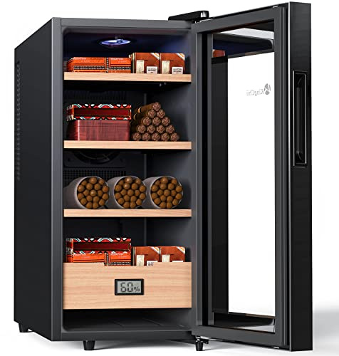 KingChii 26L Electric Cigar Humidors, Temperature Control Cabinet with Spanish Cedar Wood Shelves & Drawer Hygrometer Gifts for Men (200 Counts Capacity)