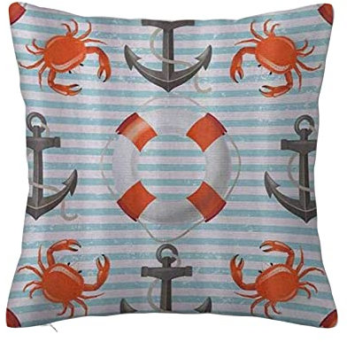 Überwurf Kissen Fall Quadratisch Kissenbezug,Nautische Rettungsringe Anker und Seile Ozeankrabben Küstenthema Aquamariner gestreifter Druck,Home Dekorative Sofa Sessel Schlafzimmer Wohnzimmer 45x 45cm
