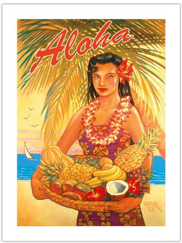 Aloha Fruit Basket - Hawaii Woman (Wahine) - Tropical Fruit Basket - Vintage Hawaiian Travel Poster by Rick Sharp - Fine Art Matte Paper Print (Unframed) 18x24in