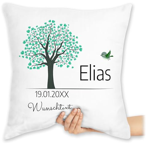 Kissen 40x40 Zierkissen - Lebensbaum Geschenk Taufe mit Name personalisiert I Geburt I Kommunion Datum Geschenk - 40 x 40 cm - Weiß - taufkissen konfirmation firmung Baum taufgeschenke taufgeschenk