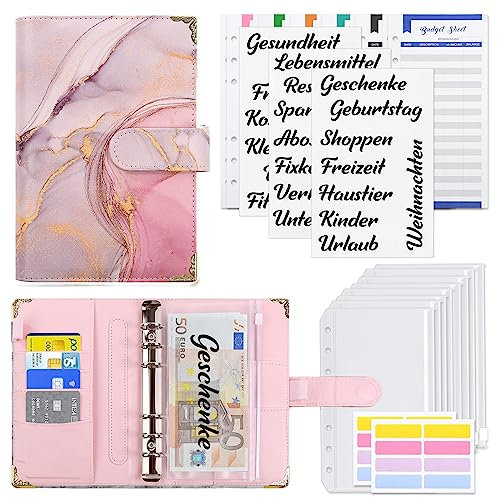 KONVINIT Budget Planner A6 Budget Binder,Budgetplaner mit Folien Deutsch,Ringbuch Finanzplaner mit Geldumschläge,Budgetsheets und Kategorien-Etiketten,Um Geld Sparen,Money organizer,rosa