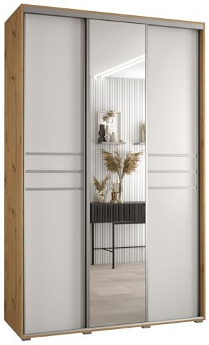 MEBLE KRYSPOL Davos 11 160 Schrank mit DREI Schiebetüren für Schlafzimmer - Moderner Schrank mit Spiegel, Kleiderstange und Regalen - 235,2x160x60 cm - Artisan Weiß Silber
