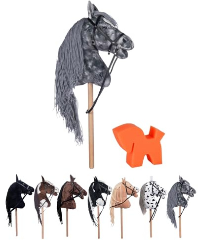 RL24 HKM - Hobby Horse Clara inkl. Putzschwamm – Grau | Steckenpferd mit Trense – Spielpferd aus Plüsch mit Holzstock & Langer Mähne – Stockpferd ohne Griffe & Rollen