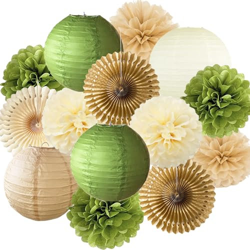 Olivgrün Hellbraun Creme Dekoration Papierlaternen Fächer Seidenpapier Pom Poms Rustikale Dekorationen für Geburtstag Babyparty Neutrale Party Brautdusche Hochzeit