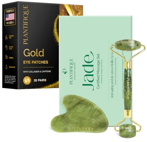 PLANTIFIQUE Jade Gesichtsroller und Gua Sha Stein Set für Lymphdrainage und Massage Gesicht, Augenroller & Augenpads Gegen Augenringe und Tränensäcke - 20 Paar