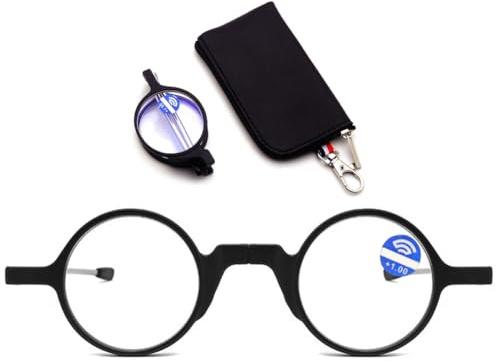MAGIMODAC Faltbare Lesebrille Damen Herren Blaulichtfilter Runde Klein Mini Lesebrillen Lesehilfe Sehhilfe mit Etui Schwarz 1,50