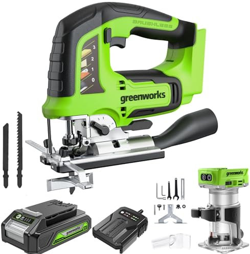 Greenworks Scie sauteuse sans fil 24 V et défonceuse sans fil, hauteur de levage de 26 mm, brushless, avec batterie 2 Ah et chargeur