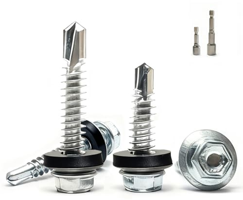 Hexizexi 100 självborrande roterande skruvar med gummibrickor 4,8 x 32 mm | Hex Head Self Tapping Tech Screw för metall zink pläterad korrugerad rörmontering med 2 M8 hex uttag för Tin Roof