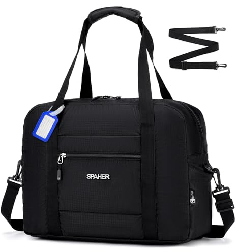 SPAHER British Airways Cabin Bag 40x30x15 Foldable Travel Duffle Weekend Gym Bags for Women Men Waterproof Overnight Hospital Holdall Bag Handbag Small Carry on Underseat Hand Luggage, Black