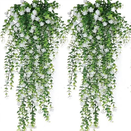 6Pcs Artificial Hanging Plants Fake Hanging Plant Faux Eucalyptus Leaf Greenery Vine Outdoor UV Resistant Plastic Plants Home Garden Wedding Party Indoor Outdoor Decorations (White)