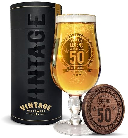 Vintage Glassware LERALI Absolute Legend at 50 Beer Glass – Premium Crystal Glass (1 Pint / 580ml) Father’s Day, Birthday & Thank You Gift for Him