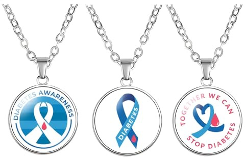 ZENRUIMING Confezione da 3 collane con ciondolo in vetro di cristallo per la consapevolezza del diabete, design a cuore con nastro blu con goccia rossa, simbolo di supporto per la cura, gioielli