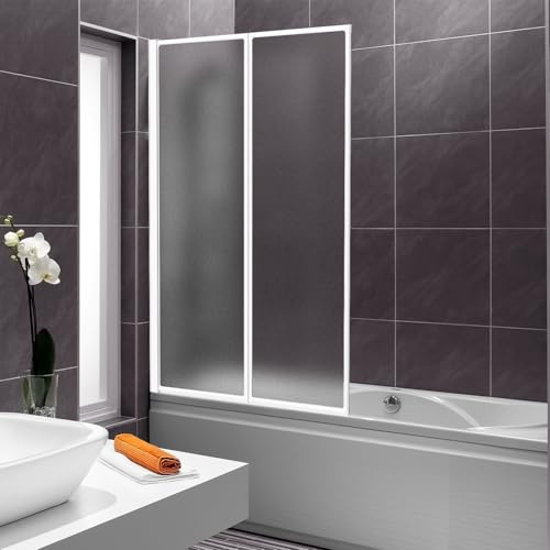 Vkechh Paroi de douche pour baignoire 100×140 cm, 2 pièces pliables en plastique PS résistant aux chocs, paroi de douche avec cadre en aluminium blanc, protection anti-éclaboussures pour baignoire