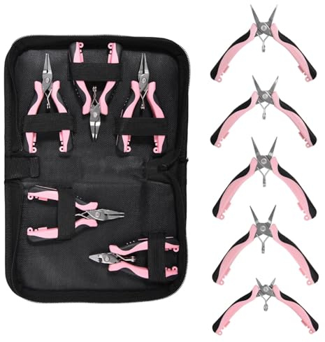 LEONTOOL Le set de mini-pinces 5 pièces comprend un nez long, un nez rond, plat, un nez courbé et une pince diagonale pour la fabrication d’objets manuels, électroniques et bijoux, avec pochette