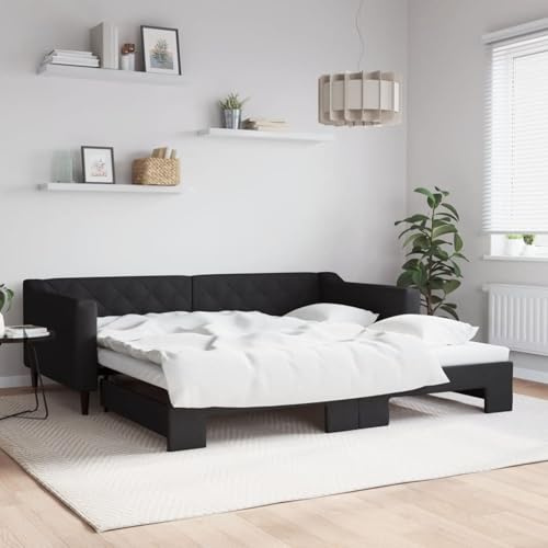 Gecheer Tagesbett Ausziehbar Schwarz 100x200 cm Stoff, Gästesofa Schlafsofa Bettgestell für Gästezimmer Homeoffice Wohnungen3197433