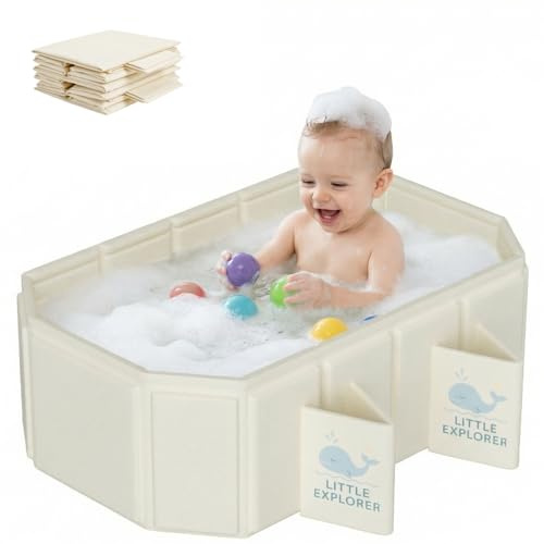 Bañera Bebé Plegable para 0–6 Años, Bañera Infantil para Ducha, Bañera Replegable con 4 Patas de Soporte, Base Antideslizante y Doble Drenaje, Portátil para Viaje y Fácil Almacenamiento (Blanco)