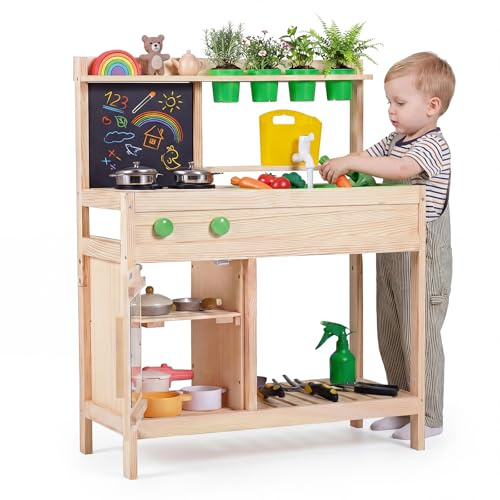 Costzon Mud Kitchen, Wooden Toddler Pretend Cooking Playset w/Runing Water, Blackboard, Water Tank, Faucet, Removable Sink, 4 Planting Pots & Stoves, Outdoor Kids Play Kitchen for Boy, Girl 3+ Years