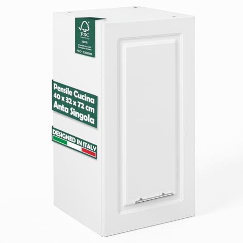 Shally Dogan Pensile da Cucina a Parete Design Boiserie, Armadio Sospeso in Legno con Anta Singola, 1 Ripiano e 2 Scomparti, Armadietto da Muro Spazioso, 40 x 32 x 75H cm (Bianco)