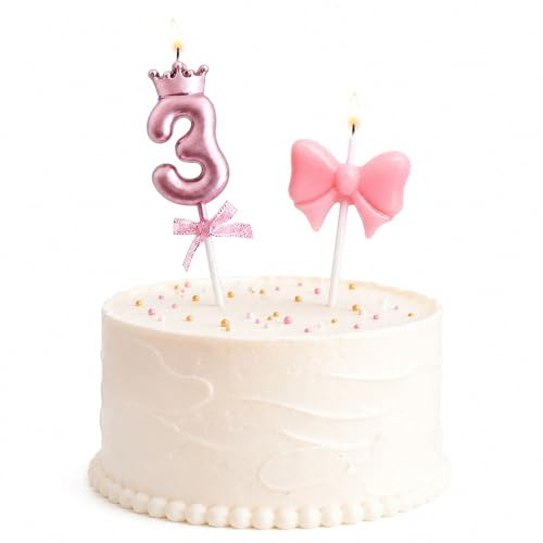 Fesnova Rosa Geburtstagskerze 3 und Bogen Kerze, Kerze 3 Geburtstag Mädchen, 12,5 x 3,5cm, für Geburtstagsdeko 3 Mädchen, Feier, Babyparty, Jubiläum(Zahl 3)