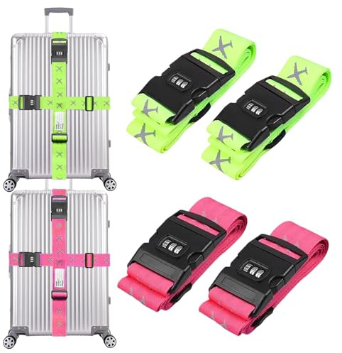 4-pack Resegördel med kombinationslås, uppsättning personifierade väskeband med adresslapp för att identifiera resväska snabbt - Justerbara, slitstarka och framträdande färger (grön & rosa)